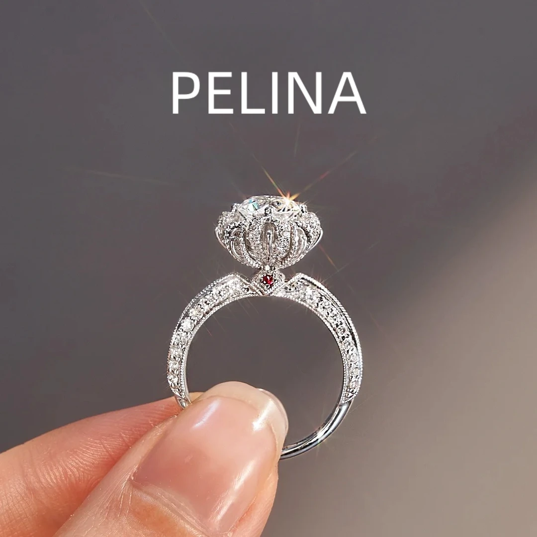 PELINA莫桑戒指1克拉喷泉钻戒花开红钻侧镶满钻优雅轻奢婚礼钻戒