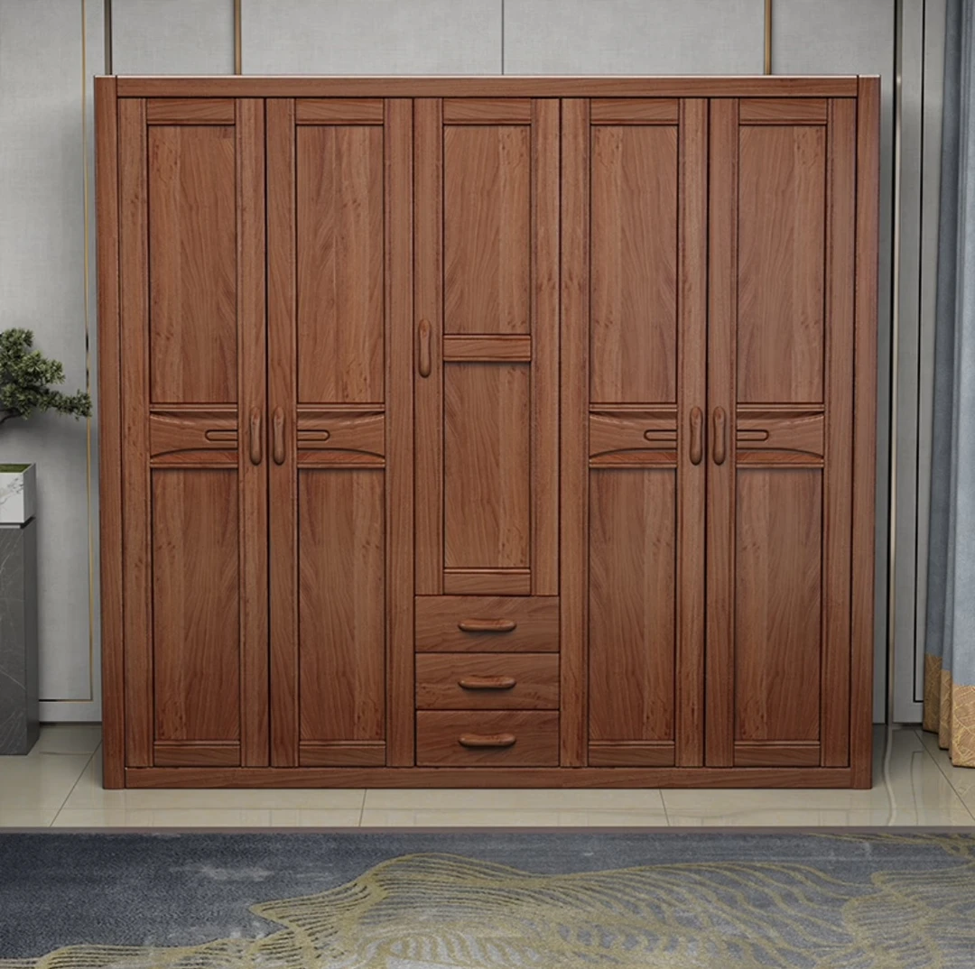 胡桃木中式实木衣柜主卧加顶大衣橱木质经济型带抽屉家用储物柜