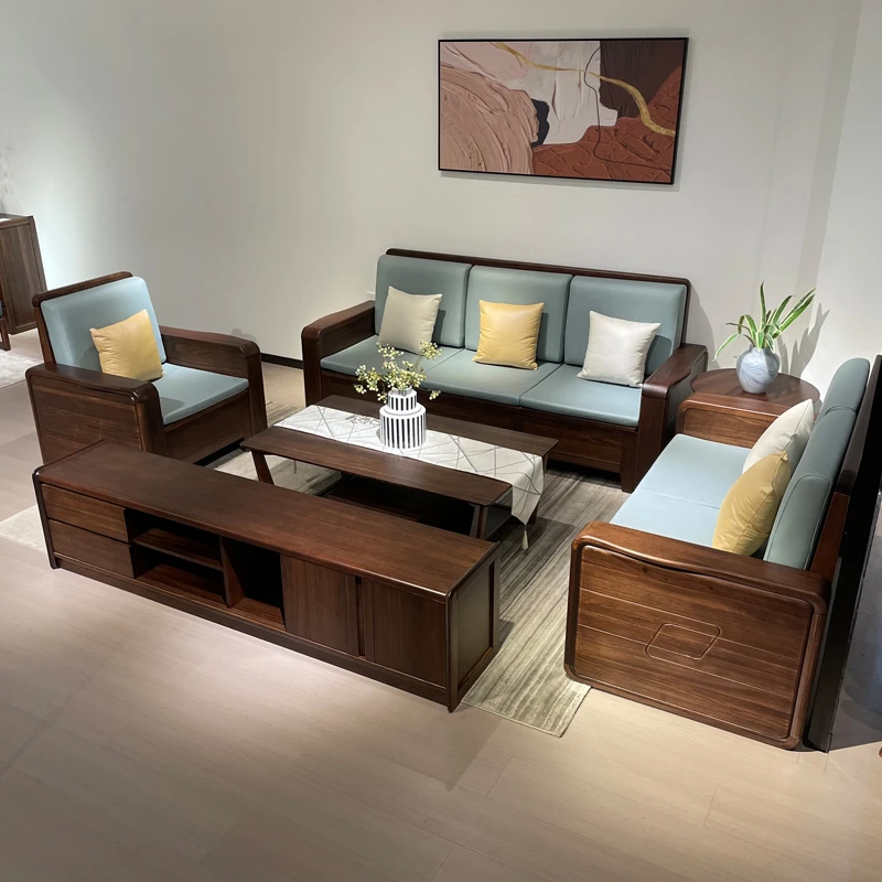 黑胡桃木实木转角沙发简约客厅四人位直排组合高箱储物沙发