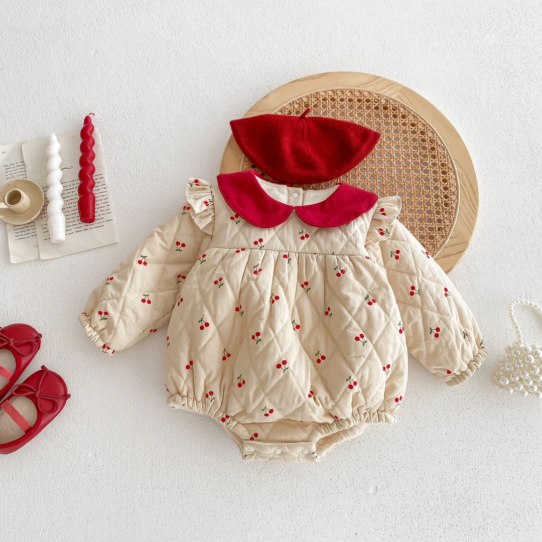 婴儿秋冬衣服樱桃夹棉加绒包屁衣公主哈衣女宝宝新生儿加厚连体衣