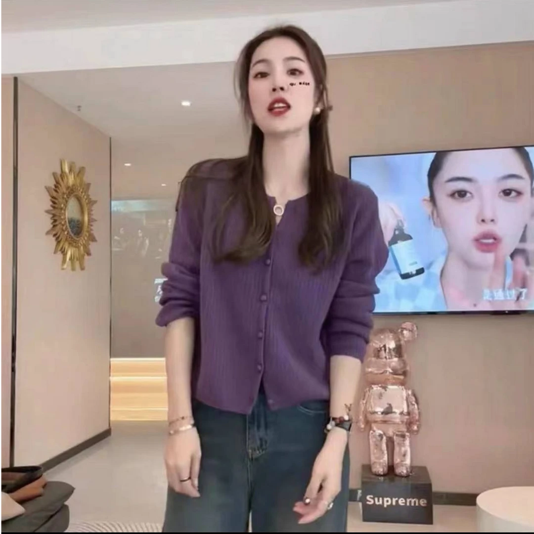 【紫色小开衫】春秋长袖针织衫毛衣女装短款上衣开衫外套