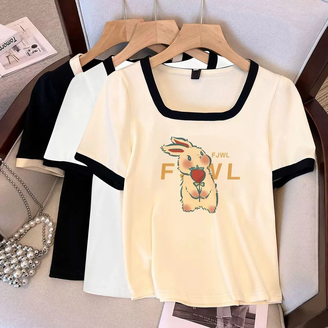 大码胖mm设计感小众正肩短袖t恤女装夏季宽松遮肉撞色方领上衣服