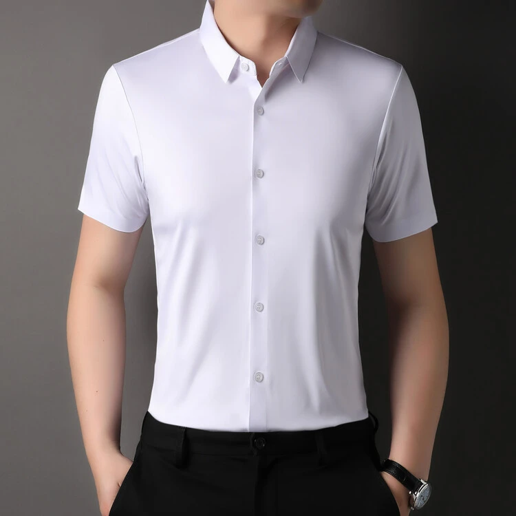 男士夏季桑蚕丝短袖衬衫纯色无痕男装中年高档休闲衬衣薄款修身
