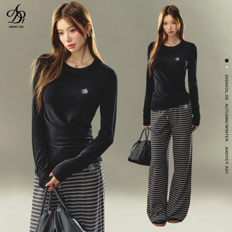 Andyet AD1原创褶皱打底衫圆领长袖显瘦内搭上衣ADTX24D211090