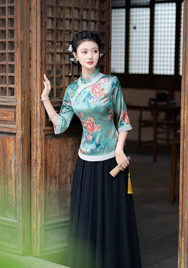 冰清玉洁  秋季七分袖中国风京派旗袍复古修身中式民国风短款中袖