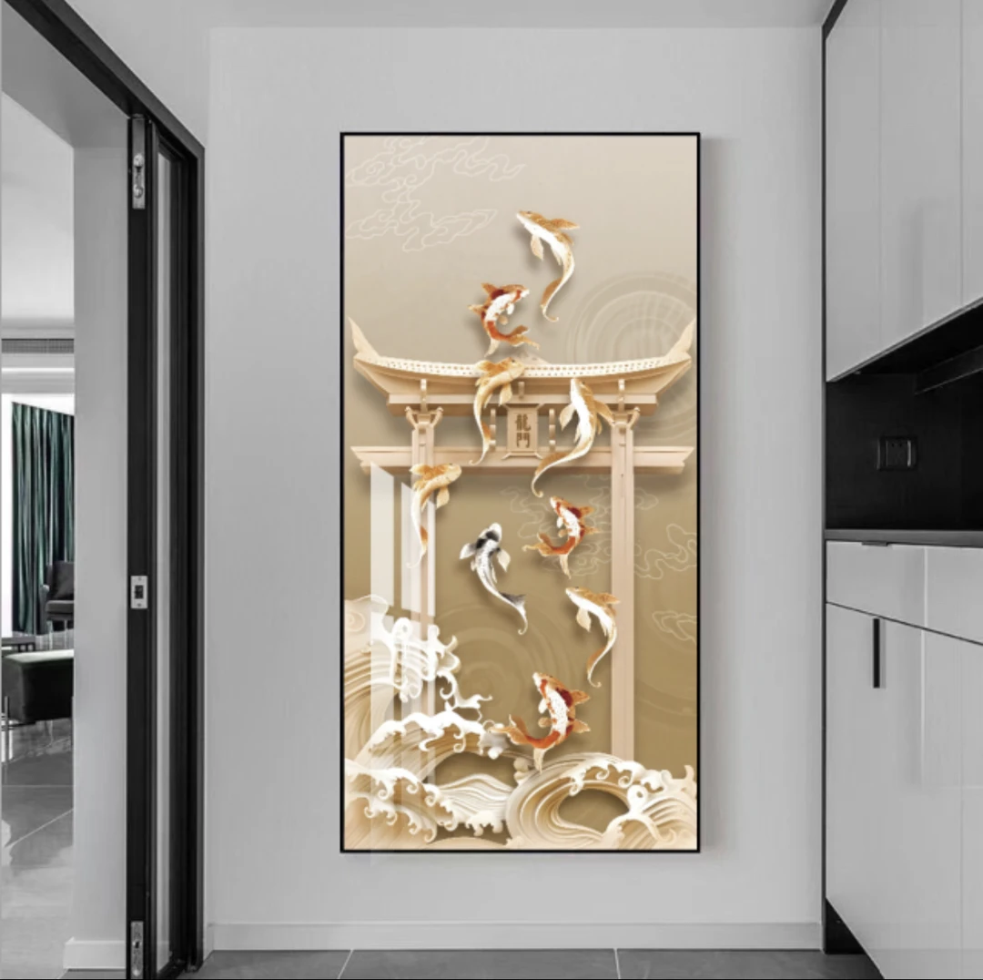 鱼跃龙门九鱼图入户玄关装饰画中式轻奢福字晶瓷挂画进门过道画