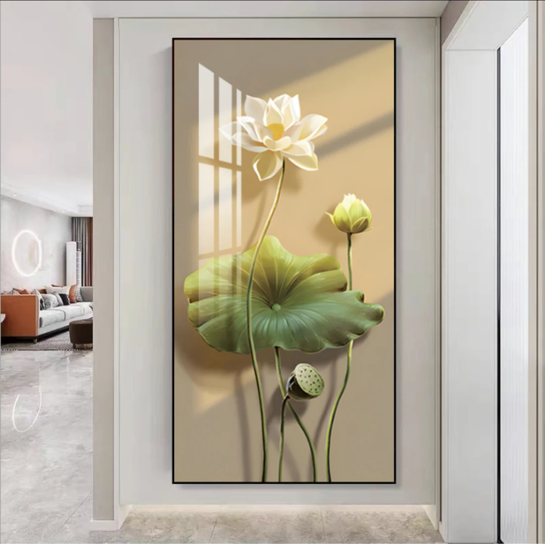 荷花韵出淤泥而不染入户玄关装饰画轻奢福字晶瓷挂画进门过道画