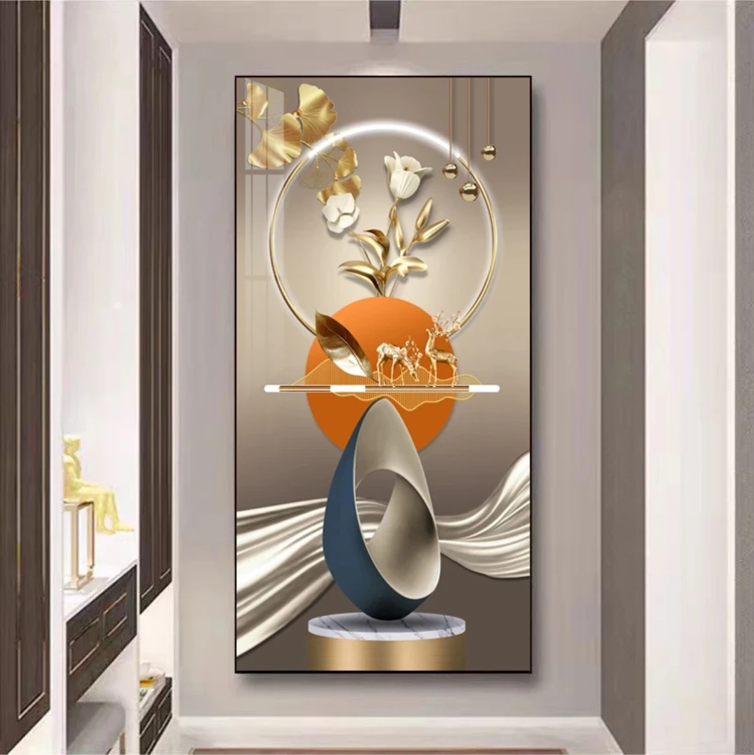 福禄生花现代轻奢风格入户玄关装饰画晶瓷挂画进门过道壁画