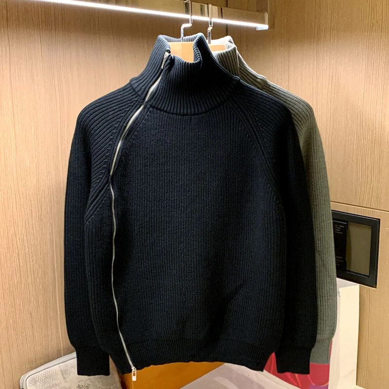 FL欧美潮流高领衣男冬季休闲个性设计款侧拉链加厚粗棒针保暖上衣