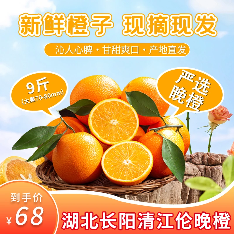 9斤装湖北长阳清江伦晚脐橙新鲜阳光细腻皮薄现摘采摘种植水果