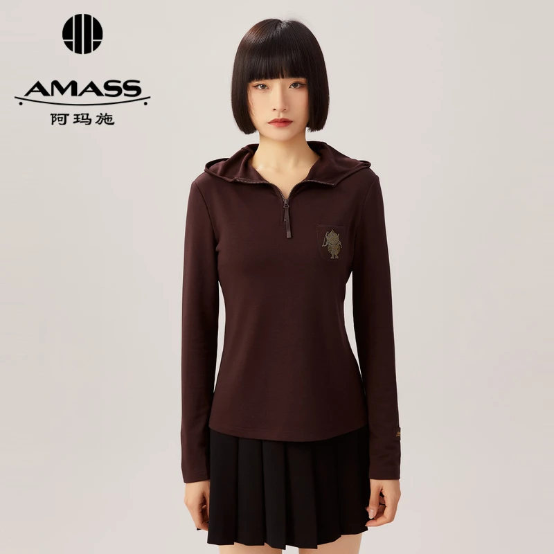 阿玛施AMASS   学院风丘比特休闲百搭加绒长袖连帽卫衣女5300662