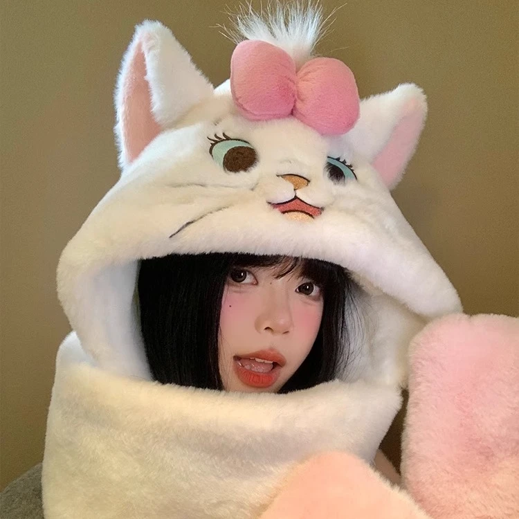 玛丽猫帽子围巾一体女冬季毛绒可爱保暖护耳加厚防寒手套三件套