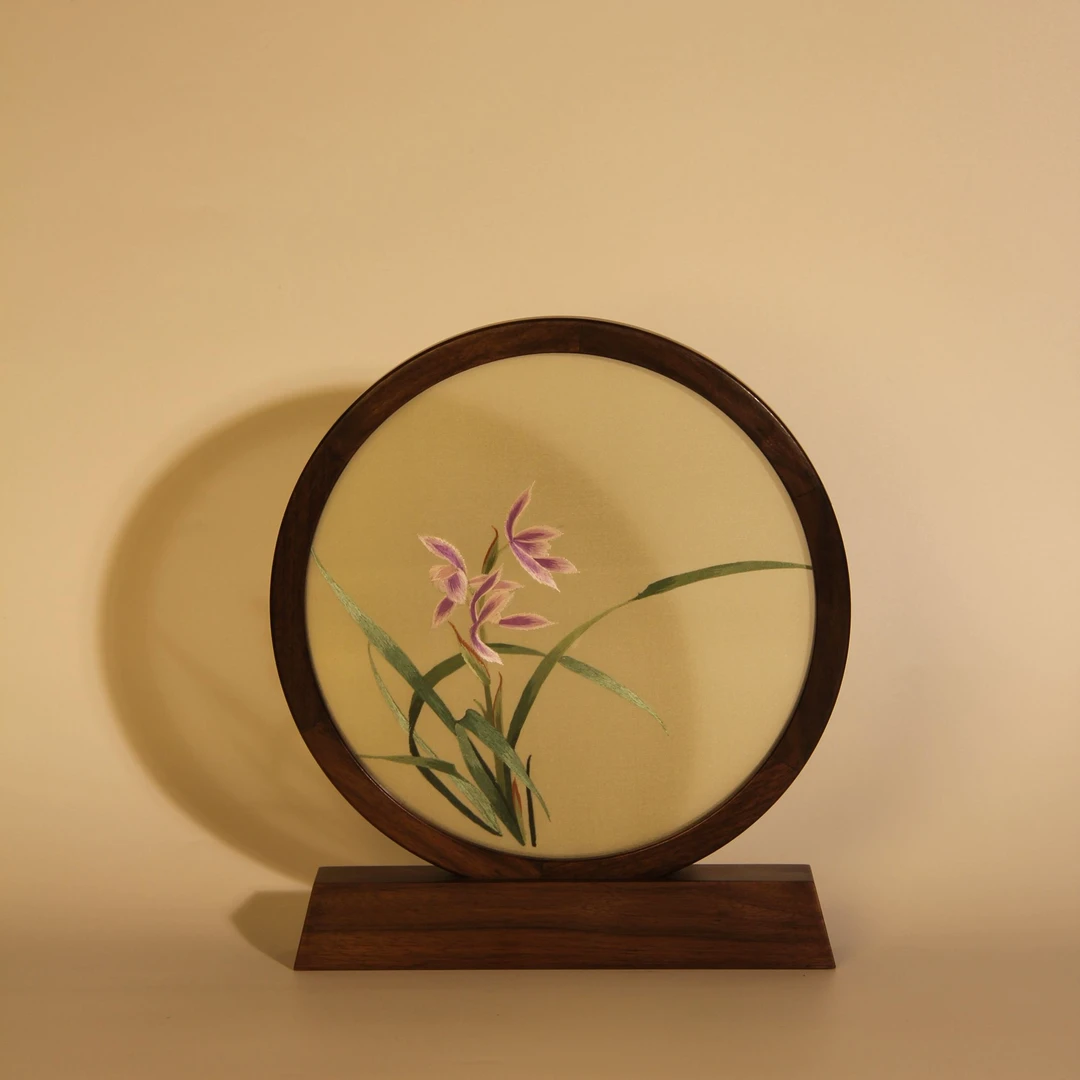 纯手工兰花胡桃木双面苏绣精品摆件客厅玄关送人必备摆件锦盒包装