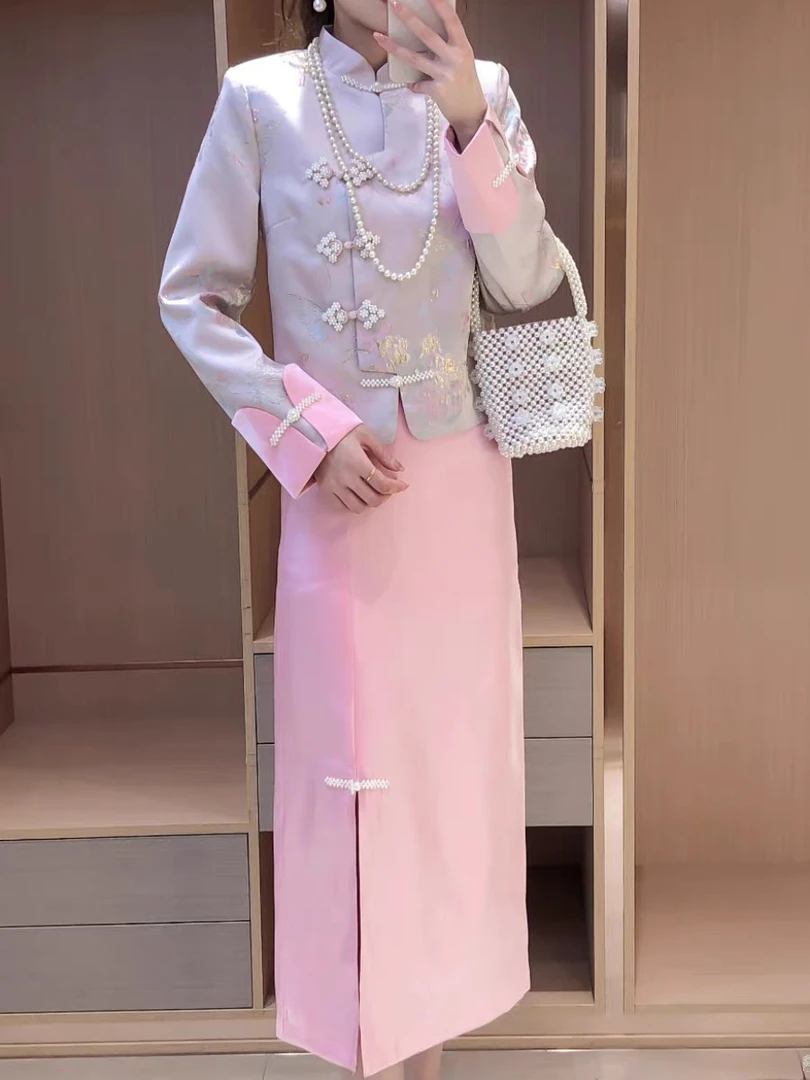 8808-A-6-9-4新中式国风套装女新款提花长袖外套开衩半身裙两件套