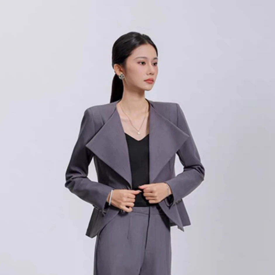 58851-G-4-8-1 西装女春装新款高端气质翻领西服显瘦绑带西装外套