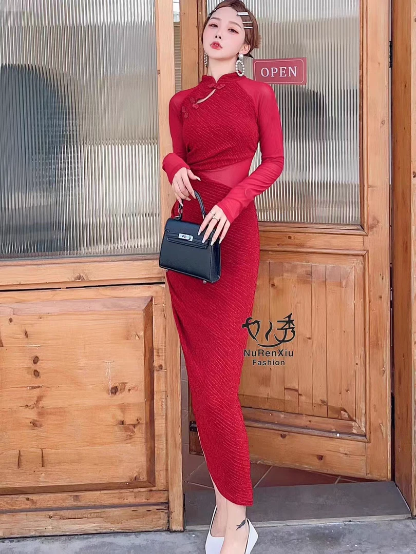 82158-G-1-1-1       改良旗袍新款高级感气质高端款秋季包臀长裙