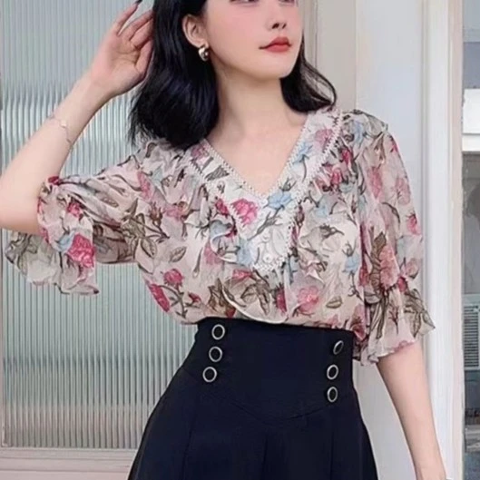 61061-C-1-16 新款女装显瘦雪纺辣妹修身上衣设计感小众女装上衣