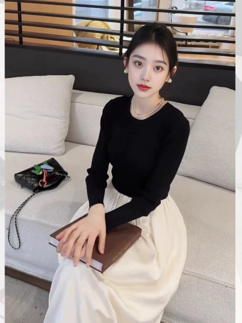 35233-A-2-2-2   拼接针织连衣裙春秋高级感气质赫本风女装连衣裙