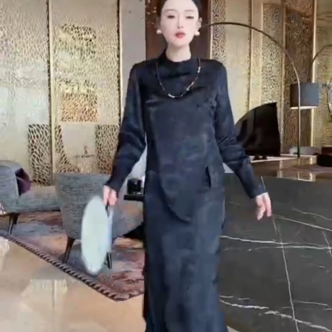 9242-A-6-1-2  国风提花禅意黑色盘扣复古汉元素连衣裙子两件套装