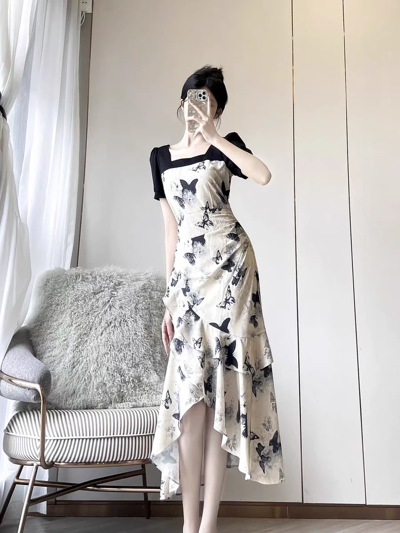 8812-G-1-1-1   名媛气质短袖方领收腰不规则荷叶边裙摆连衣裙子