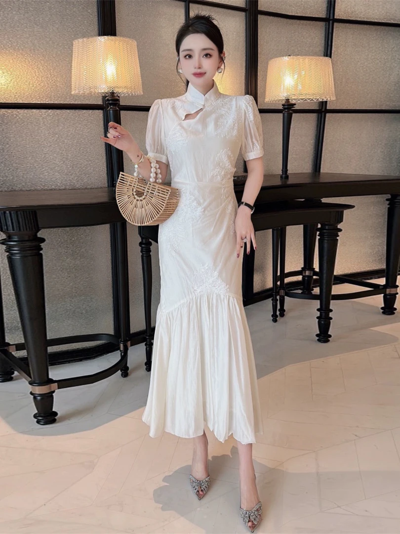 0200-B4-3-5改良新中式女装轻奢年轻款气质御姐范盘扣包臀鱼尾裙