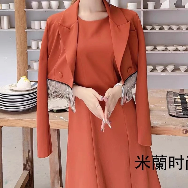 61205-A-4-6-4 短款流苏小西装外套女时尚气质女神范背心长裙套装