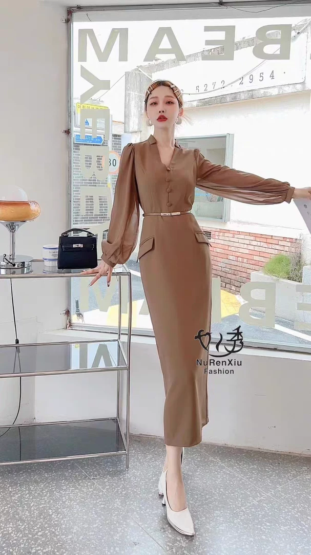 82181-A-1-3-1   秋季新款时尚气质显瘦百搭长袖连衣裙长款过膝裙