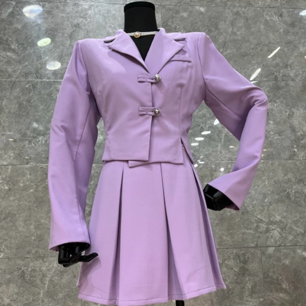 565-G-1-1-1 韩系学院风套装裙女短款外套高腰修身百褶半身两件套