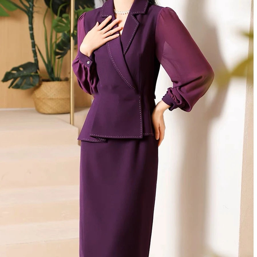 2935-G-2-1-2  秋季新款名媛气质长袖拼接明线装饰西装领连衣裙女