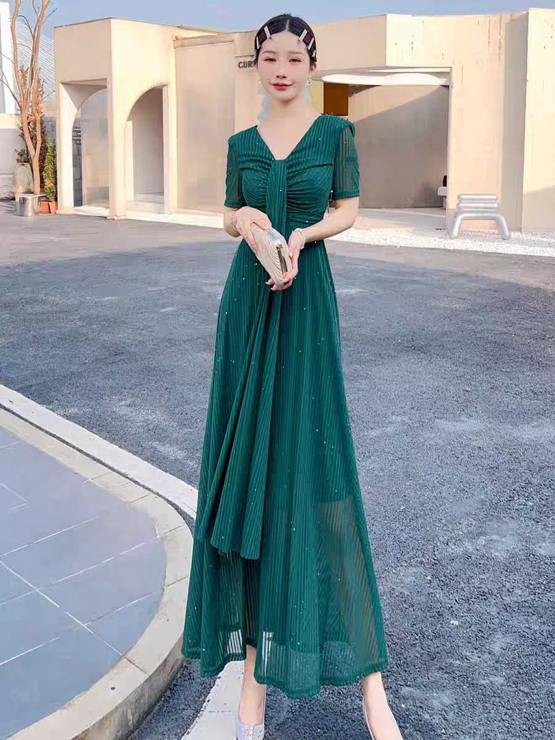 61393-G-1-1-1夏季女装时尚V领连衣裙气质轻熟风修身显瘦遮肚裙子