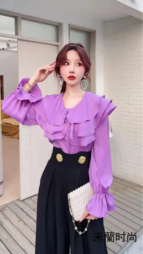 61006-G-1-1-1     荷叶边修身时尚气质上衣新款洋气秋款(单上次)