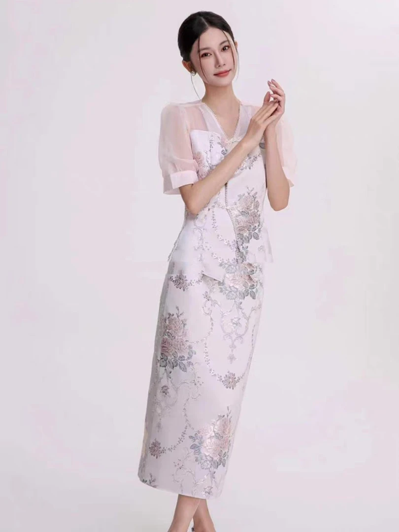 555522-G-1-1-1新中式气质高级感好看端庄大气国风提花连衣裙套装