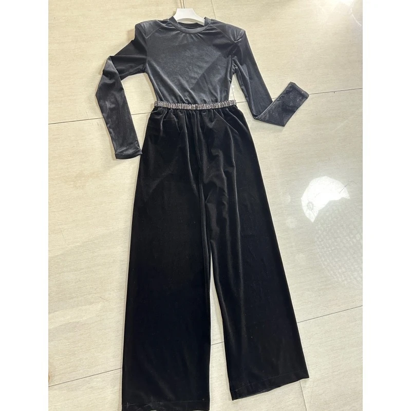 8913-C-3-2-5   十三行女装腰头烫钻金丝绒上衣加直筒阔腿裤套装