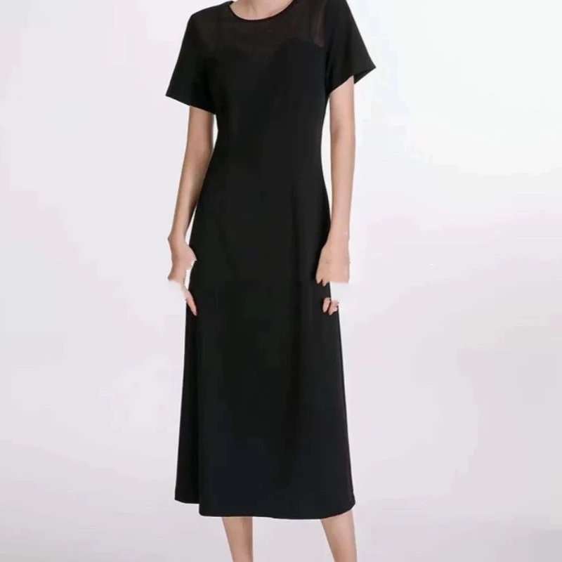 55559-G-5-1-1 醋酸网纱拼接黑裙夏季新品高级感高腰修身连衣长裙