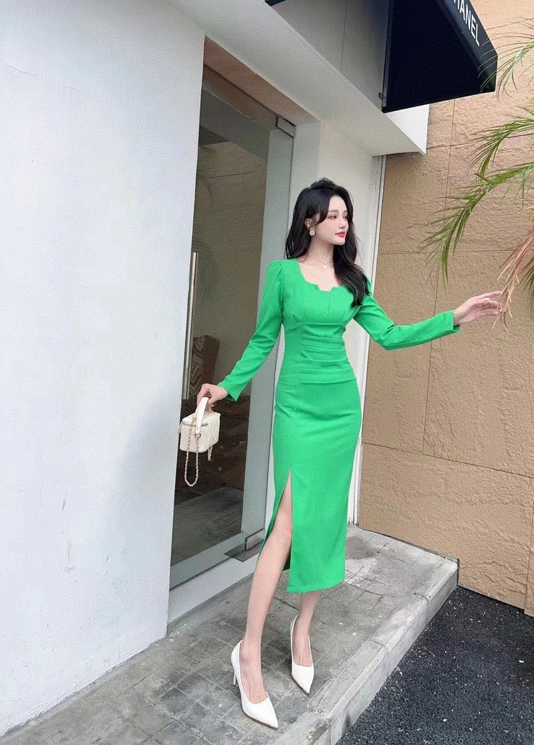 9912-A-1-5-4    新款女春装名媛气质方领连衣裙修身显瘦开叉包臀