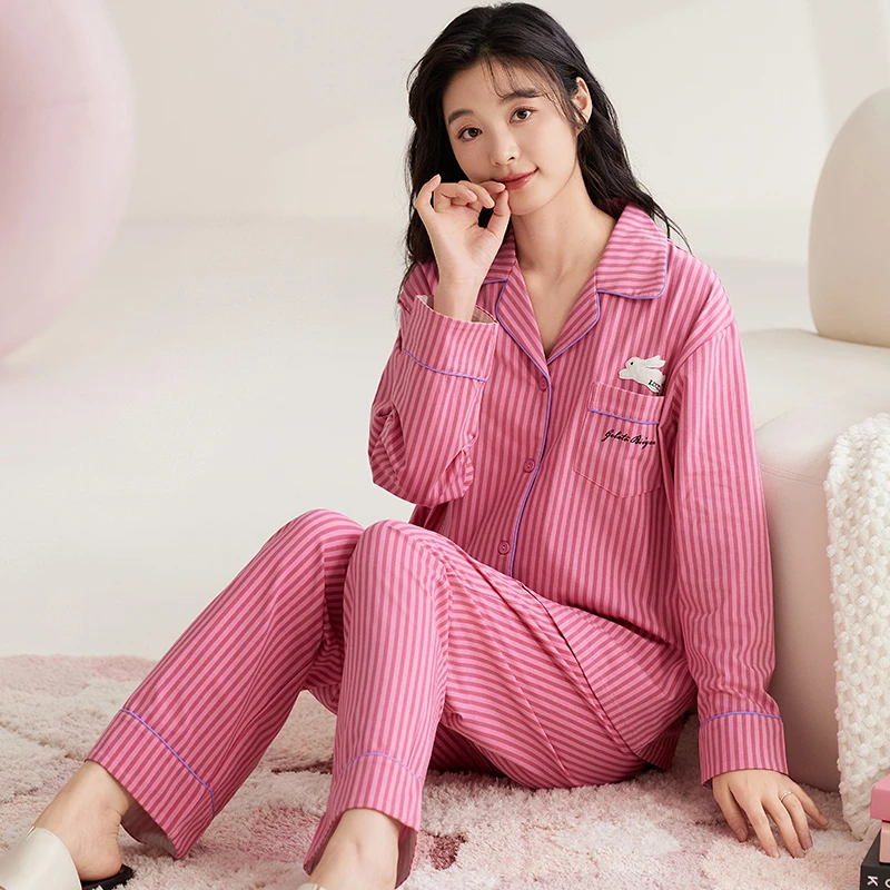 莉莉家女士2024新款纯棉开衫长袖长裤粉条纹兔睡衣家居服套装外穿