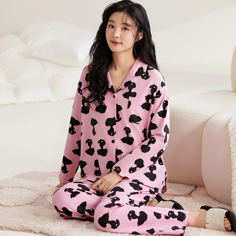 莉莉家女士2024新款纯棉开衫长袖长裤甜美少女睡衣家居服套装外穿