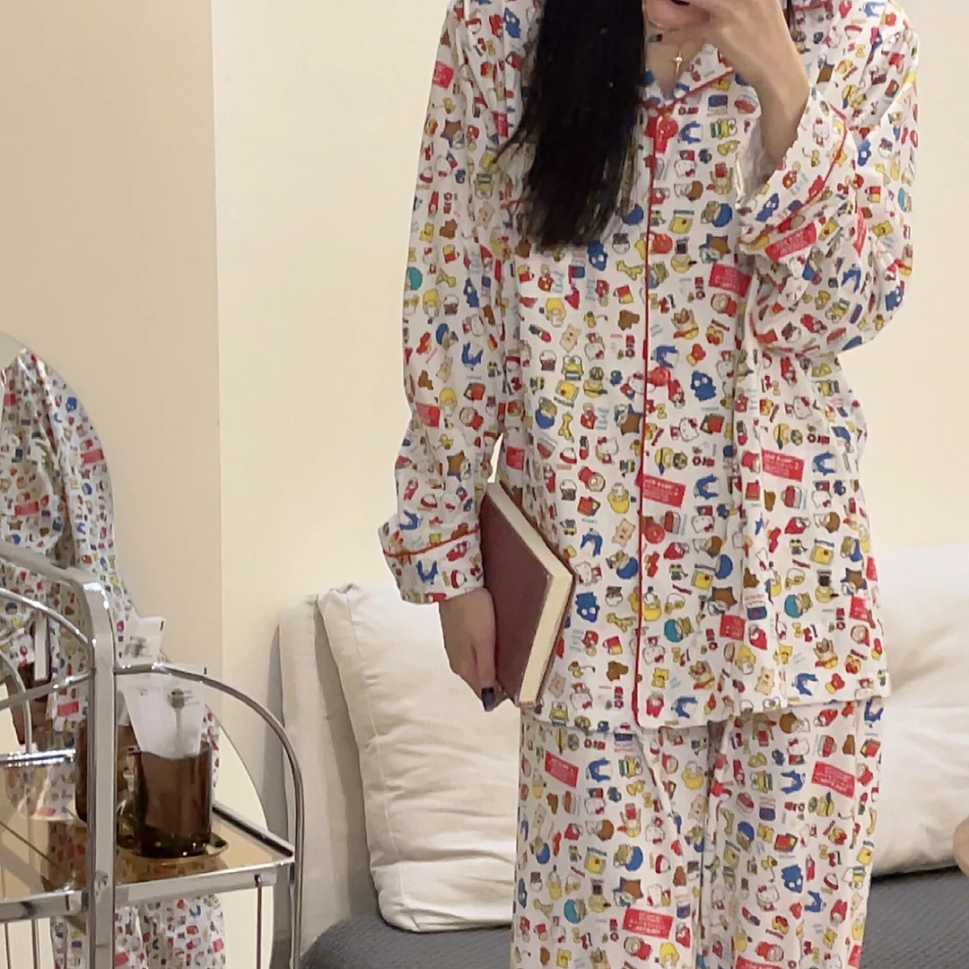 日系kitty可爱长袖棉睡衣卡通春秋季时尚大码宽松学生套装家居服