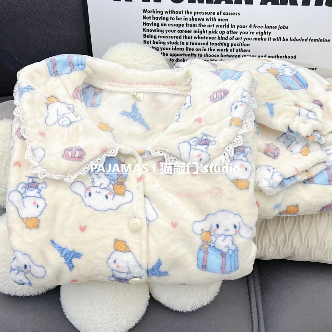 秋冬季娃娃领玉桂狗毛绒睡衣可爱卡通保暖加绒加厚甜美冬款家居服