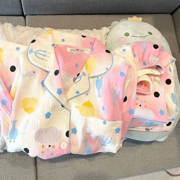 新款多巴胺卡通夏季爆款睡衣女套装薄款短袖短裤三件套宽松家居服