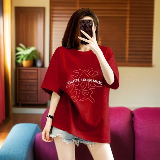 宽松红色纯棉打底衫女内搭时尚洋气大码女装夏季设计感短袖T恤ins