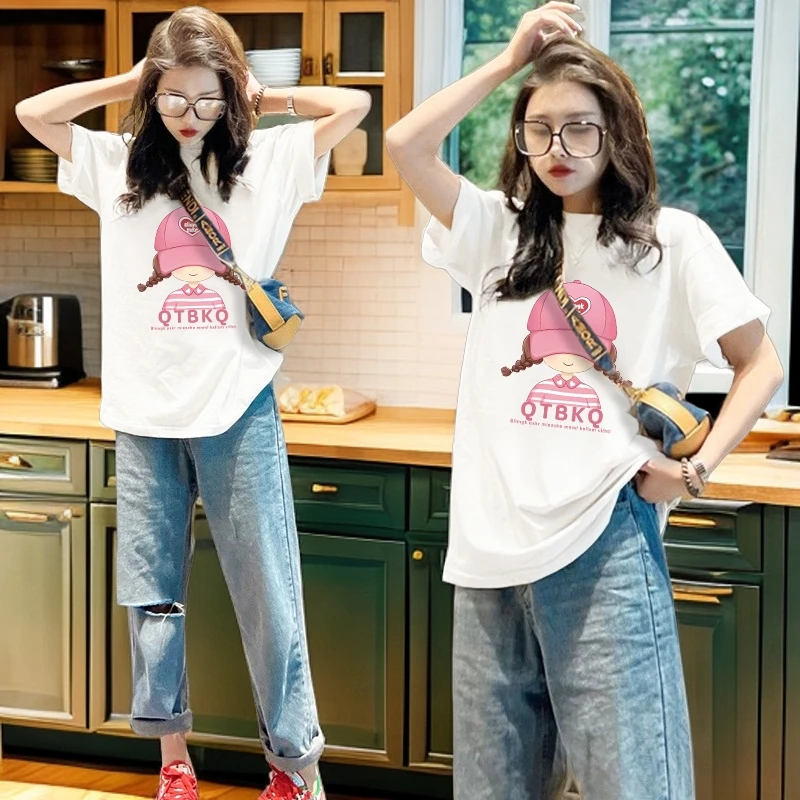 粉帽女孩印花纯棉短袖t恤女2025新款爆款宽松独特漂亮减龄款上衣