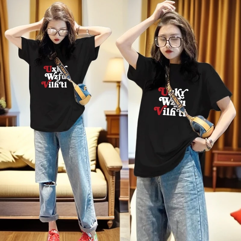 撞色字母黑色纯棉大码显瘦短袖t恤女宽松洋气遮肉上衣夏季女装ins