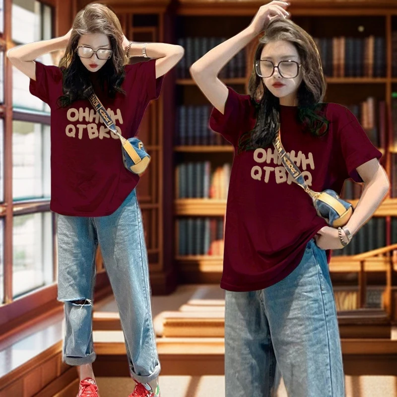 酒红色字母印花短袖t恤女2025新款爆款宽松洋气时髦遮肉显瘦上衣