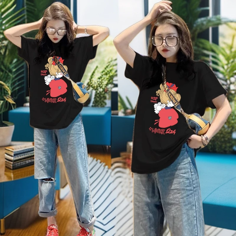 卡通t恤女纯棉宽松显瘦短袖体恤衫女内搭设计感小众黑色上衣服ins