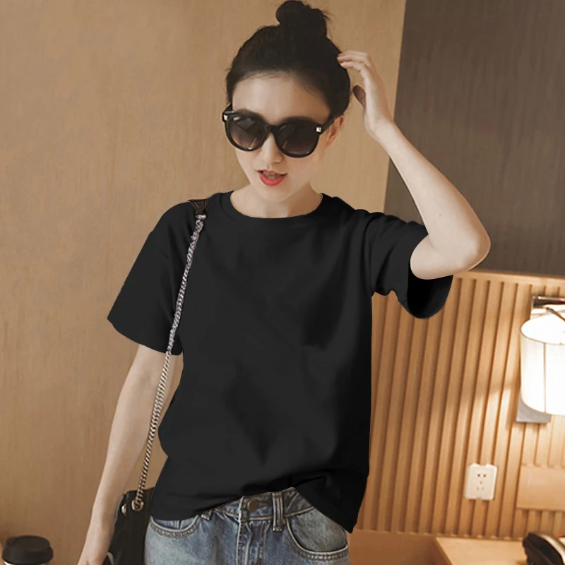 VOCKOO黑色短袖t恤女2025新款夏季圆领ins潮体恤纯色韩版棉宽松上
