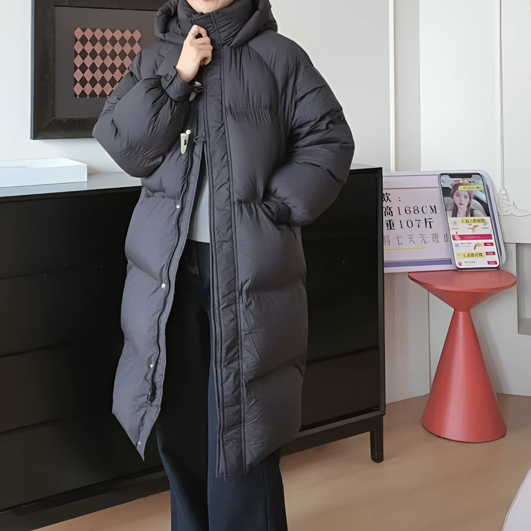 【YHH】冬季时尚连帽减龄牛角扣中长款羽绒服-YHW5113