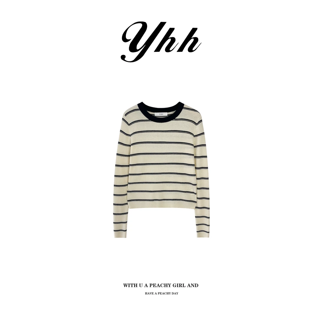【YHH】撞色百搭长袖针织衫秋季圆领套头条纹-YHW4769