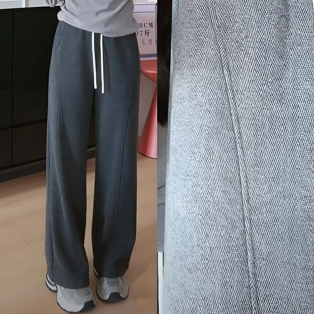 【YHH】冬季休闲百搭含羊毛加绒人字纹直筒长裤-YHK4510