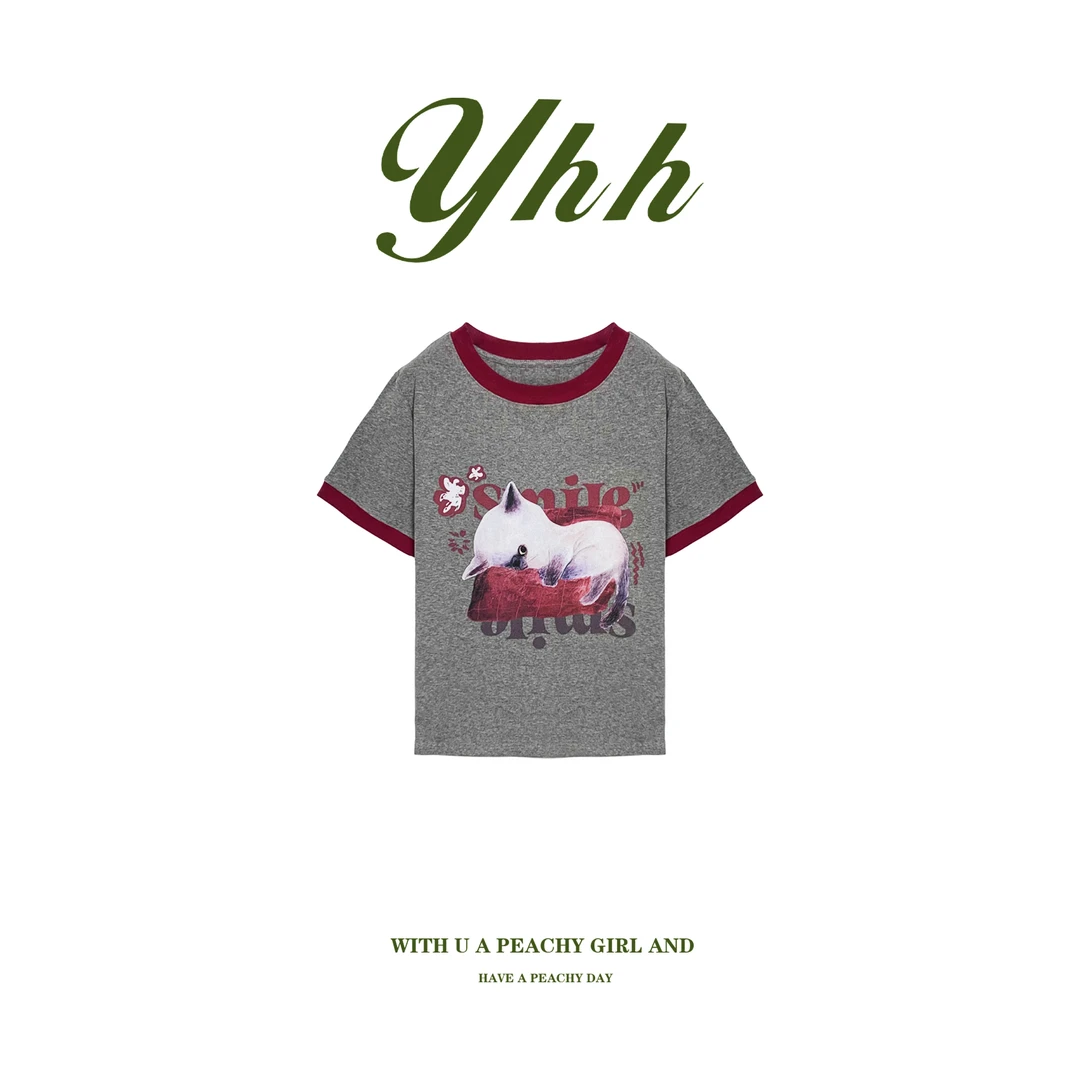 【YHH】】夏季美式卡通猫咪印花撞色短T -YHW4451